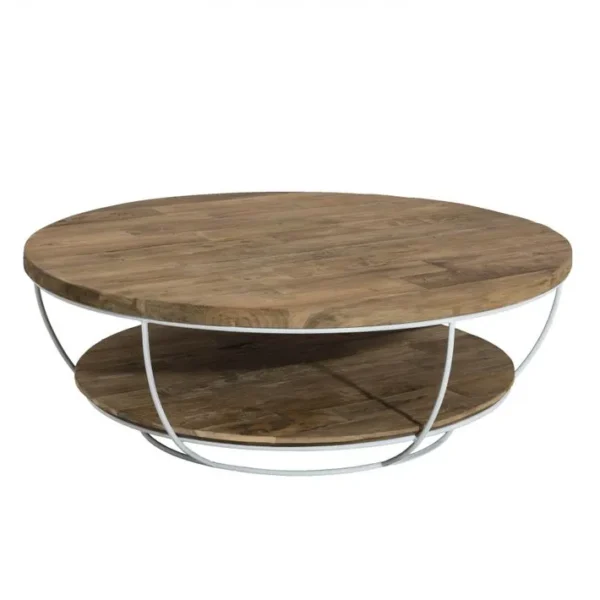 Alida - Table Basse Coque Ronde 100x100cm Double Plateau Teck Recyclé Métal Blanc