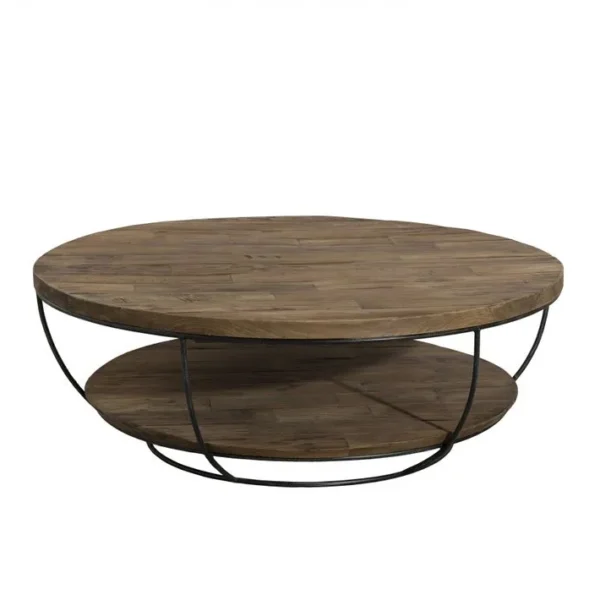 Alida - Table Basse Coque Ronde 100x100cm Double Plateau Teck Recyclé Métal Noir