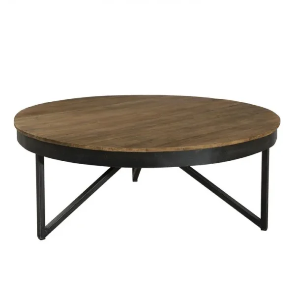 Alida - Table Basse Ronde 90x90cm Plateau Teck Recyclé Pied Métal Noir