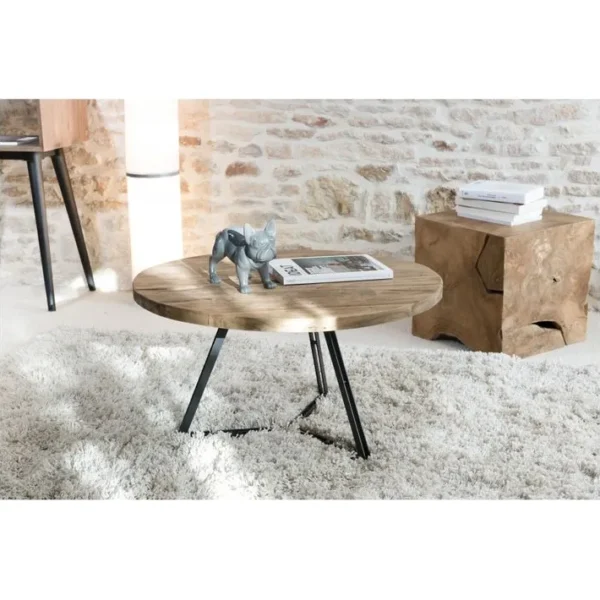 Alida - Table Basse Ronde 75x75cm Plateau Teck Recyclé Pieds Métal Noir