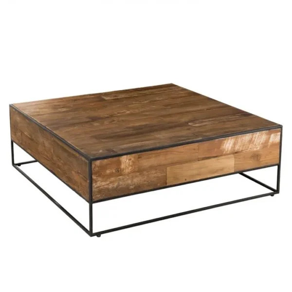 Alida - Table Basse Bois Carrée 100x100cm Teck Recyclé Et Métal