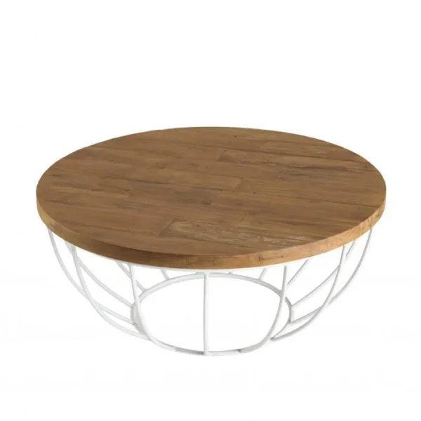 Alida - Table Basse Coque Ronde 80x80cm Plateau Teck Recyclé Piétement Métal Blanc