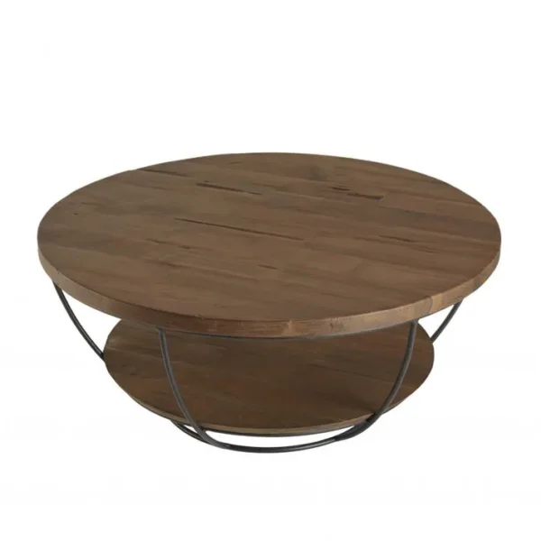 Alida - Table Basse Coque Ronde 80x80cm Double Plateau Teck Recyclé Métal Noir