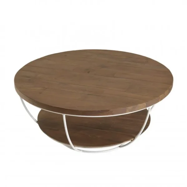 Alida - Table Basse Coque Ronde 80x80cm Double Plateau Teck Recyclé Métal Blanc