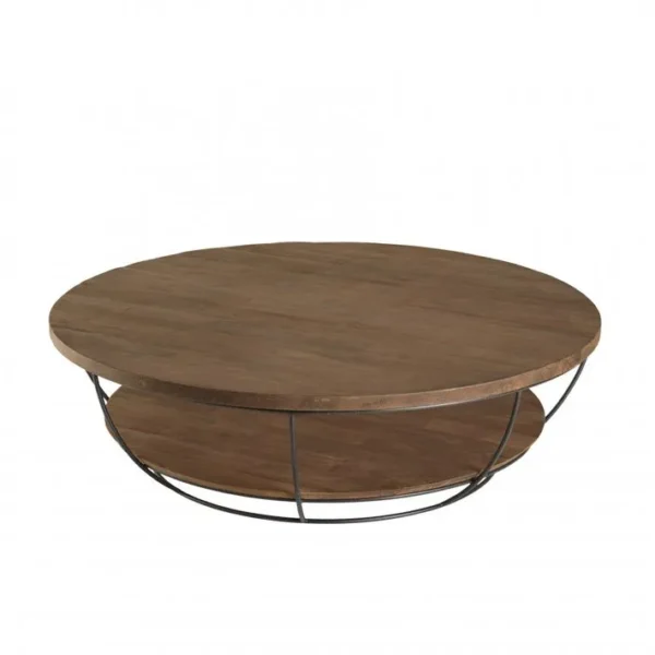 Alida - Table Basse Coque Ronde 120x120cm Double Plateau Teck Recyclé Métal Noir