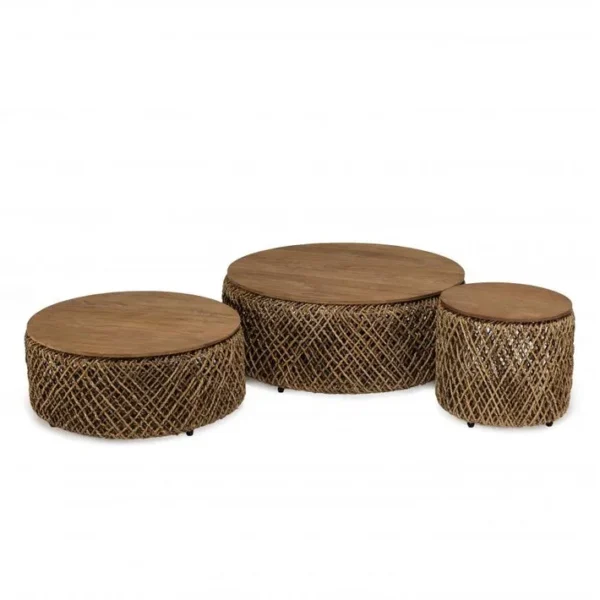 Alida - Set De 3 Tables Basses Rondes En Tissage De Fibre De Cocotier