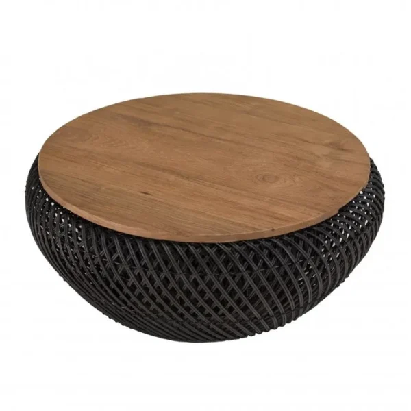 Alida - Table Basse Ronde 65x65cm En Rotin Noir Plateau Amovible