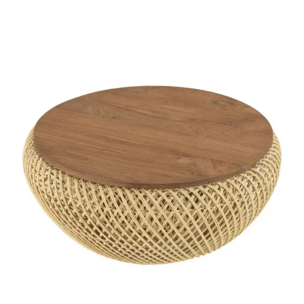 Alida - Table Basse Ronde 65x65cm En Rotin Beige Plateau Amovible