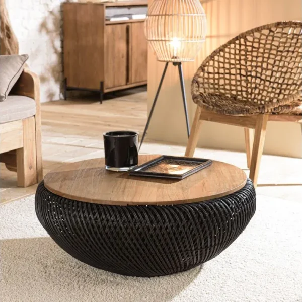 Alida - Table Basse Ronde 80x80cm En Rotin Noir Plateau Amovible