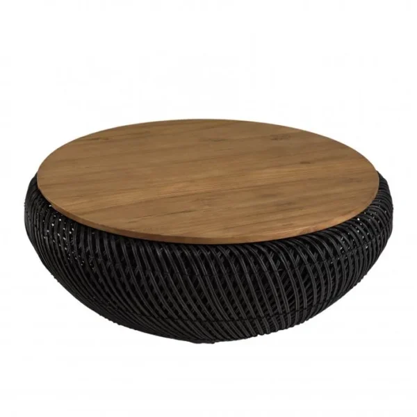 Alida - Table Basse Ronde 80x80cm En Rotin Noir Plateau Amovible