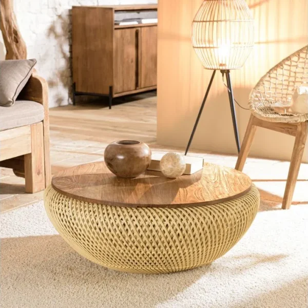 Alida - Table Basse Ronde 80x80cm En Rotin Beige Plateau Amovible