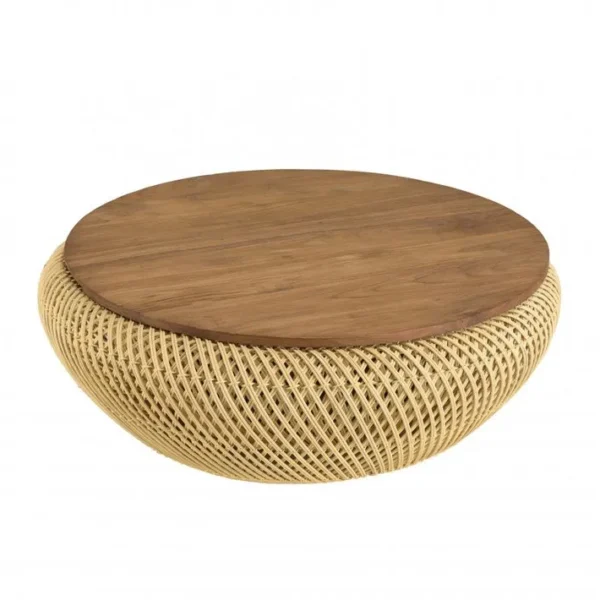 Alida - Table Basse Ronde 80x80cm En Rotin Beige Plateau Amovible