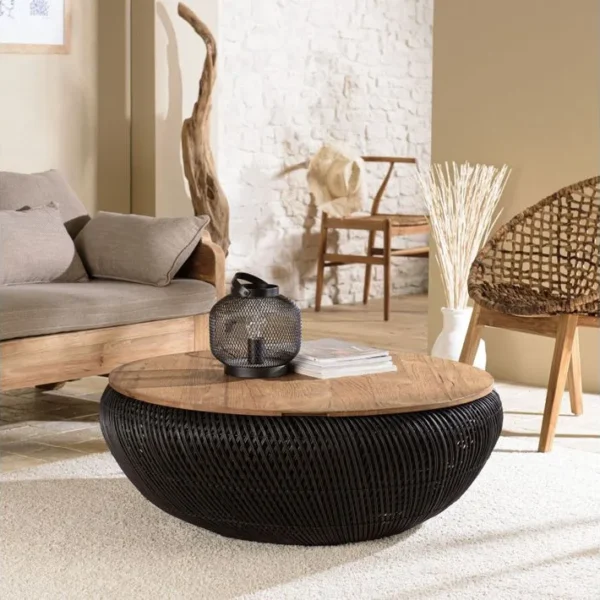 Alida - Table Basse Ronde 100x100cm En Rotin Noir Plateau Amovible