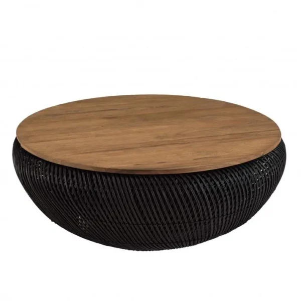 Alida - Table Basse Ronde 100x100cm En Rotin Noir Plateau Amovible