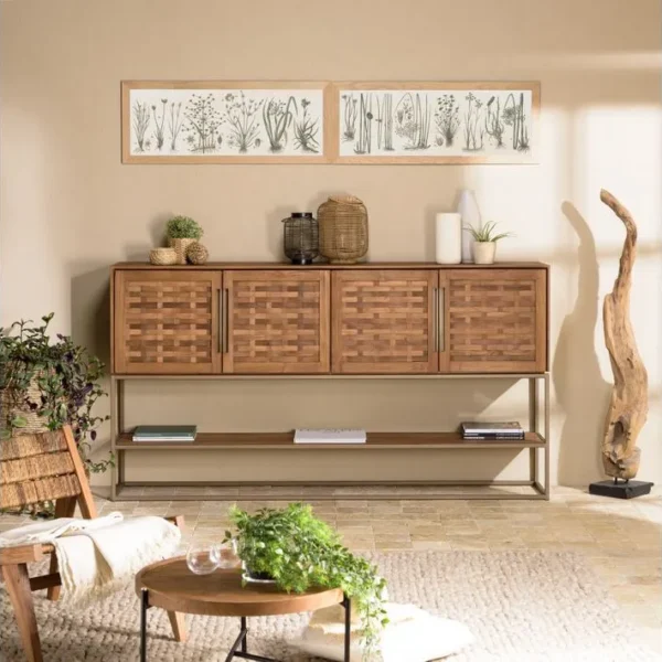 Alida - Buffet En Bois De Teck Recyclé 4 Portes En Tissage De Bambou