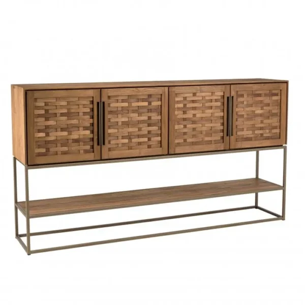 Alida - Buffet En Bois De Teck Recyclé 4 Portes En Tissage De Bambou