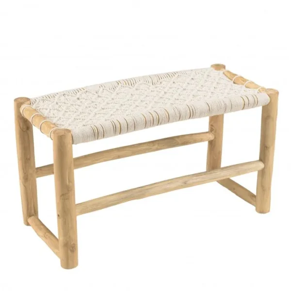 Will - Banc En Branches De Teck Naturel Assise En Macramé Blanc