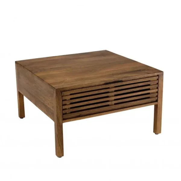 Alix - Table Basse Carrée 70x70cm En Bois De Manguier 2 Tiroirs Ajourés