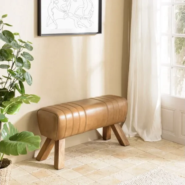 Marcel - Banc Matelassé Cuir Marron Pieds Inclinés En Bois De Manguier