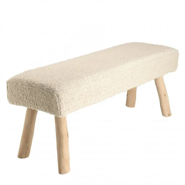 Charles - Banc 120x40cm En Laine Texturée Ivoire Pieds En Bois Naturel