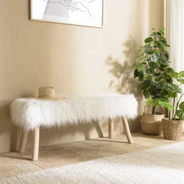 Charles - Banc 120x40cm Peau De Mouton Couleur Ivoire Pieds Bois Naturel