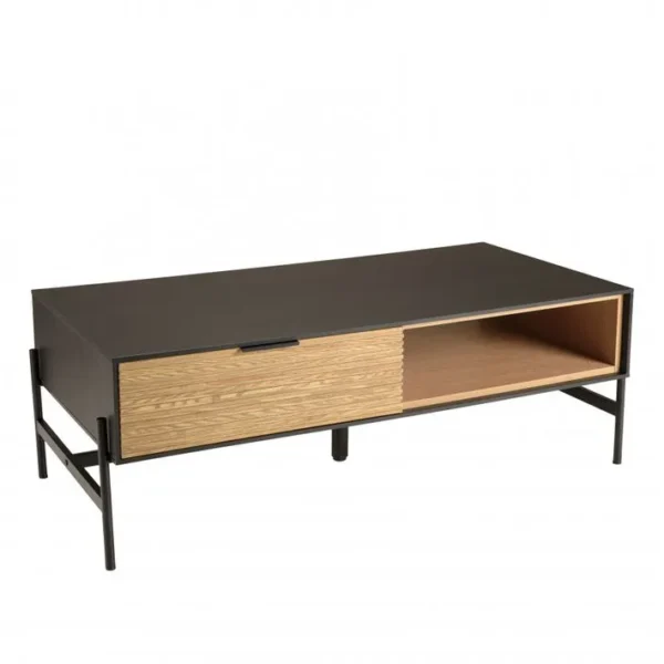 Charlie - Table Basse Marron Et Noire 2 Tiroirs 1 Niche Pin Pieds Métal