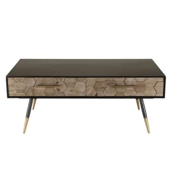 Dalie - Table Basse Noire Rectangulaire 2 Tiroirs Scandi Bois Sapin Marqueté Pieds Métal Doré