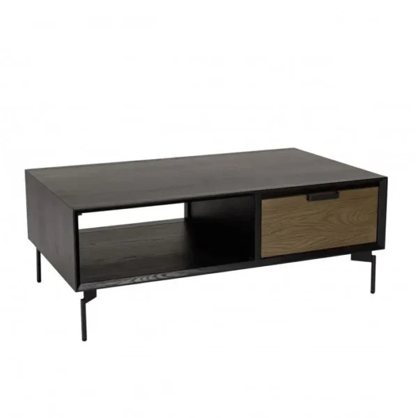 Alma - Table Basse Noire 1 Niche 2 Tiroirs Marron Foncé Pieds Métal