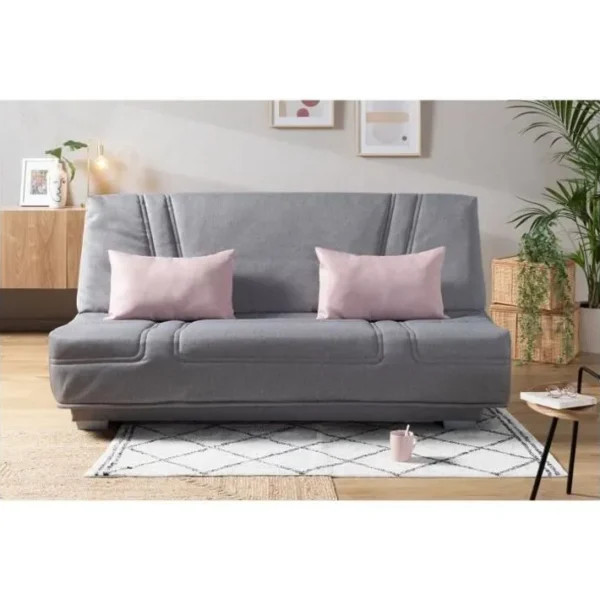 Banquette Clic Clac - Tissu Gris + Coussins Déco Rose - Comfort Bultex