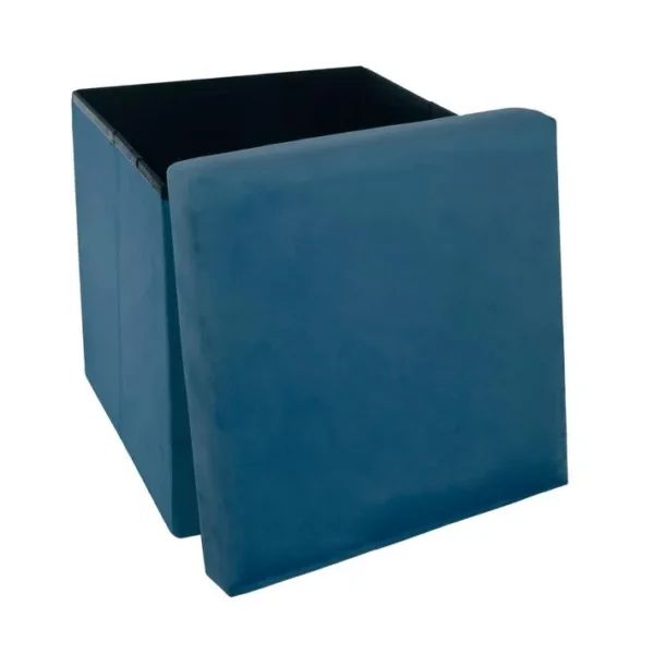 2 En 1 Pouf Pliant Et Coffre De Rangement Velours Bleu 38 X 38 Cm