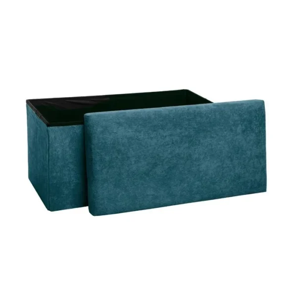 2 En 1 Pouf Pliant Double Et Coffre De Rangement Velours Côtelé Bleu H 38 Cm