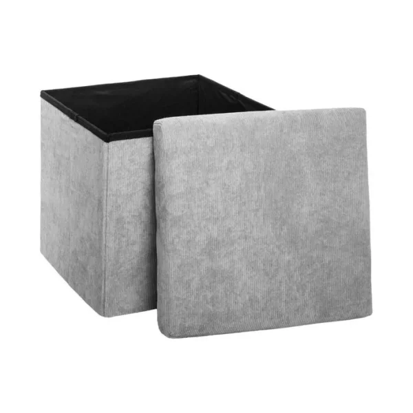 2 En 1 Pouf Pliant Et Coffre De Rangement Velours Côtelé Gris H 38 Cm