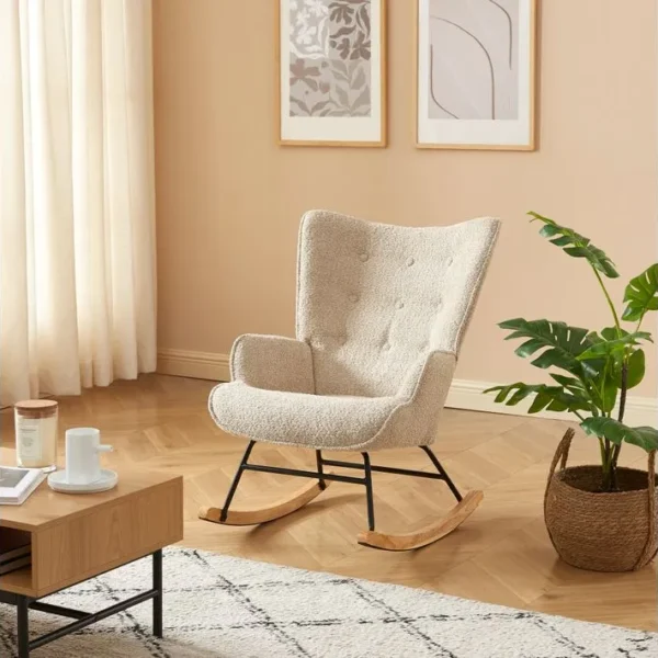 Fauteuil Suzie Tissu Bouclette Beige Rocking Chair