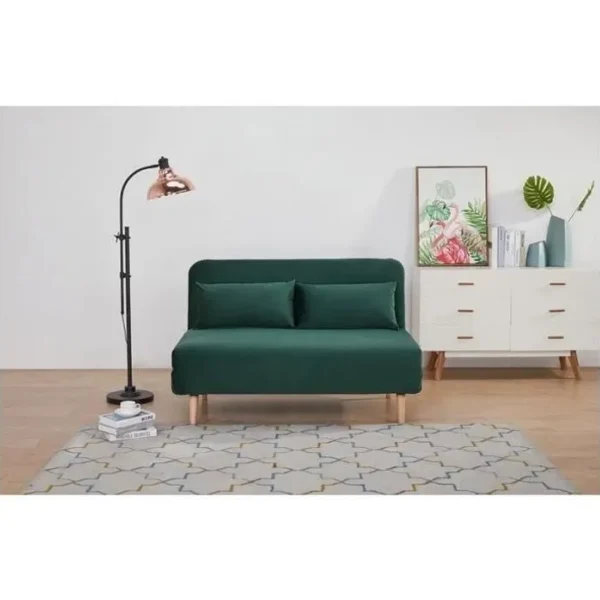 Banquette BZ 2 Places - Style Scandinave - Velours Vert - L 130 X P 90 X 81 Cm - Deplo