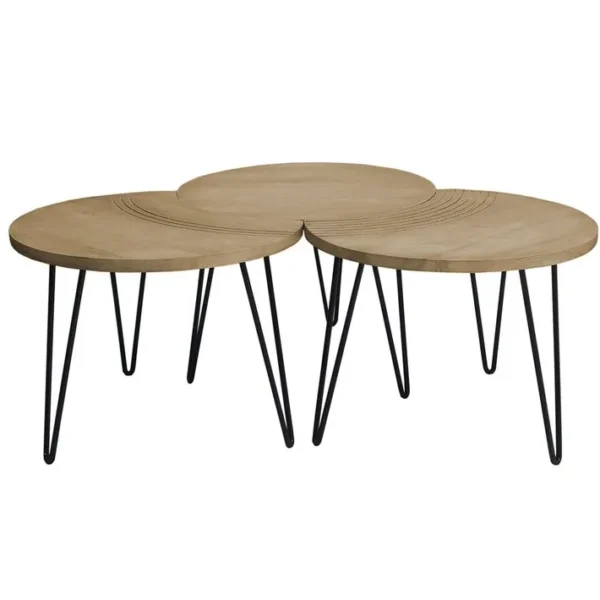 Tables Basses Gigognes Gravées Bois Manguier Massif Et Métal Noir (lot De 3) Vibes