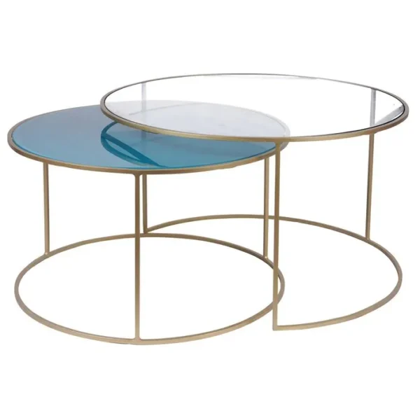 Tables Basses Gigognes Rondes Design Métal Doré Et Verre Teinté Bleu Pétrole (lot De 2) Roxo