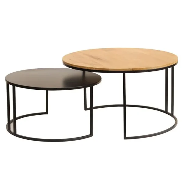 Tables Basses Gigognes Rondes Bois Manguier Massif Et Métal Noir (lot De 2) Tahl