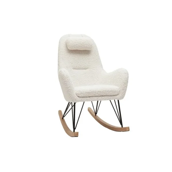 Rocking Chair Scandinave En Tissu Effet Peau De Mouton Blanc, Métal Noir Et Bois Clair Mania