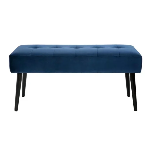 Banc Design Capitonné En Tissu Velours Bleu Nuit Et Métal Noir L96 Cm Guesta