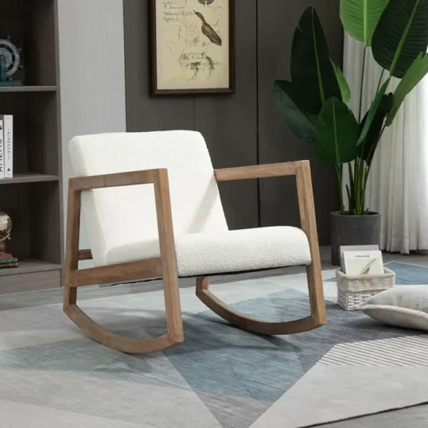 Fauteuil Lounge à Bascule Bois Hévéa Effet Peau De Mouton Crème