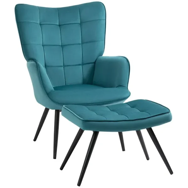 Fauteuil Avec Repose-pied Style Néo-rétro Effet Capitonné Bleu Canard