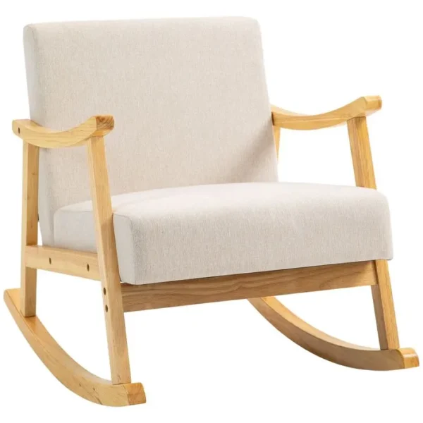 Fauteuil Lounge à Bascule Rocking Chair Bois Hévéa Coussins Beige