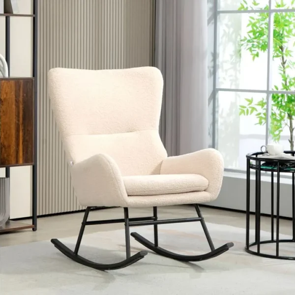 Rocking Chair Style Néo-rétro Acier Noir Effet Laine Bouclée Beige Clair