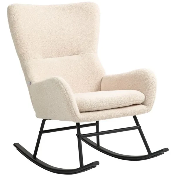 Rocking Chair Style Néo-rétro Acier Noir Effet Laine Bouclée Beige Clair