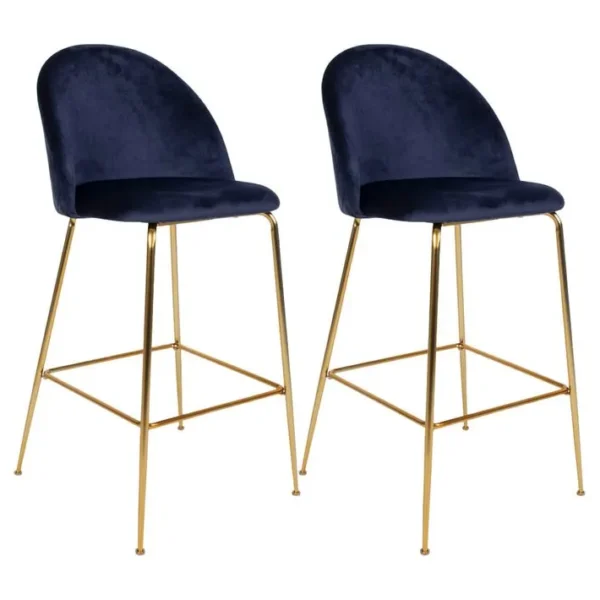 Lot De 2 Chaises Hautes Velours Bleu Et Pieds Métal Doré - Meyrin