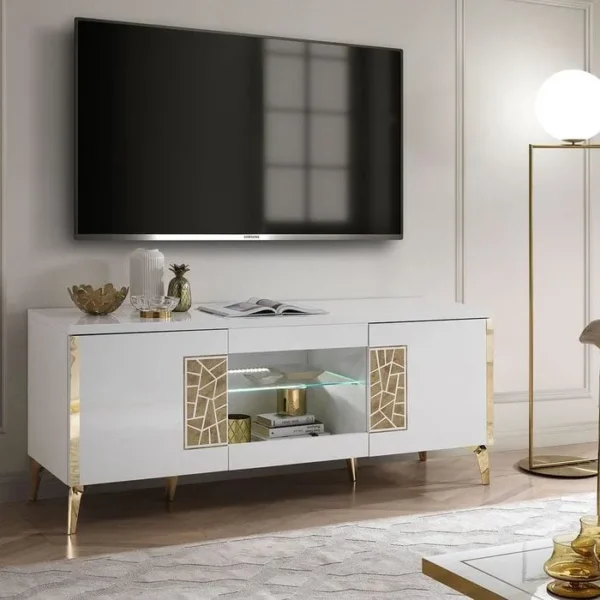 ALTOBUY Meuble TV 160cm 3 Portes Laqué Blanc Et Or Décor Sérigraphié - Safary