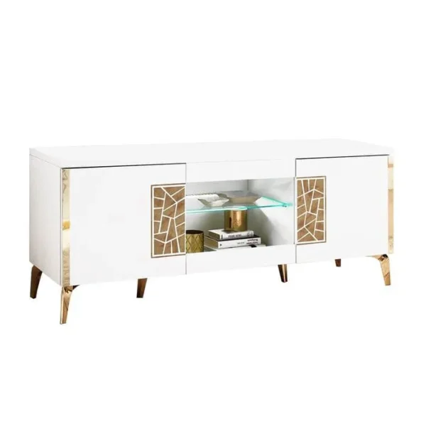 ALTOBUY Meuble TV 160cm 3 Portes Laqué Blanc Et Or Décor Sérigraphié - Safary