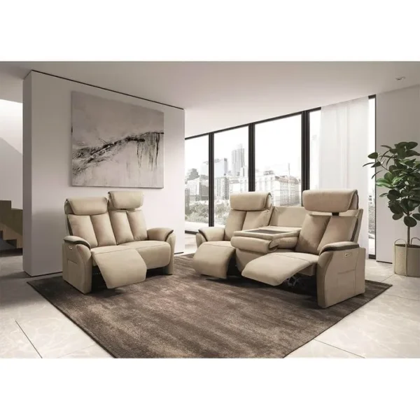 Canapé Relax Electrique 2 Places New Nobuck Beige Et Gris Foncé - Coimbra