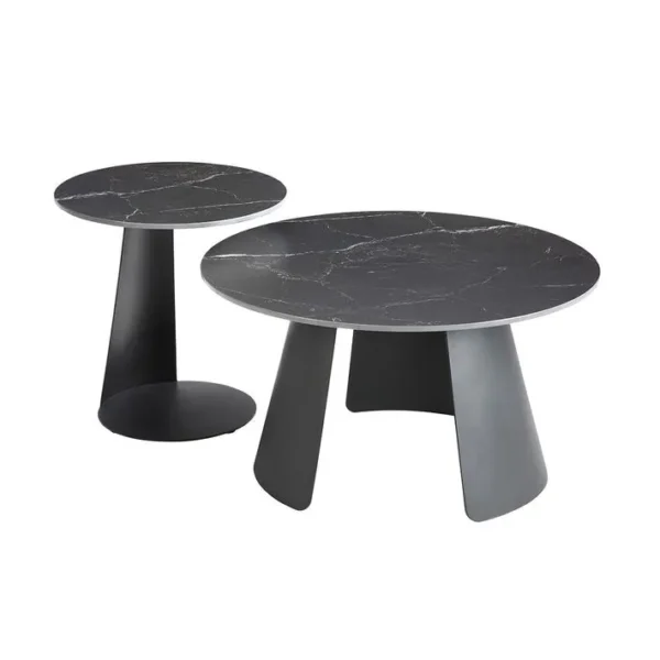 Tables Gigogne Plateaux Céramique Marbré Noir Pieds Métal Noir Mat - Domia