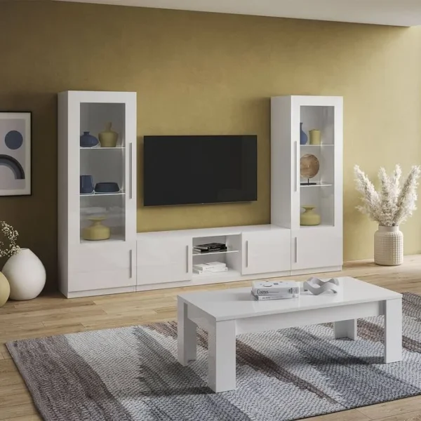 ALTOBUY Meuble TV 2 Portes Moderne Laqué Blanc Avec LEDs - Clark